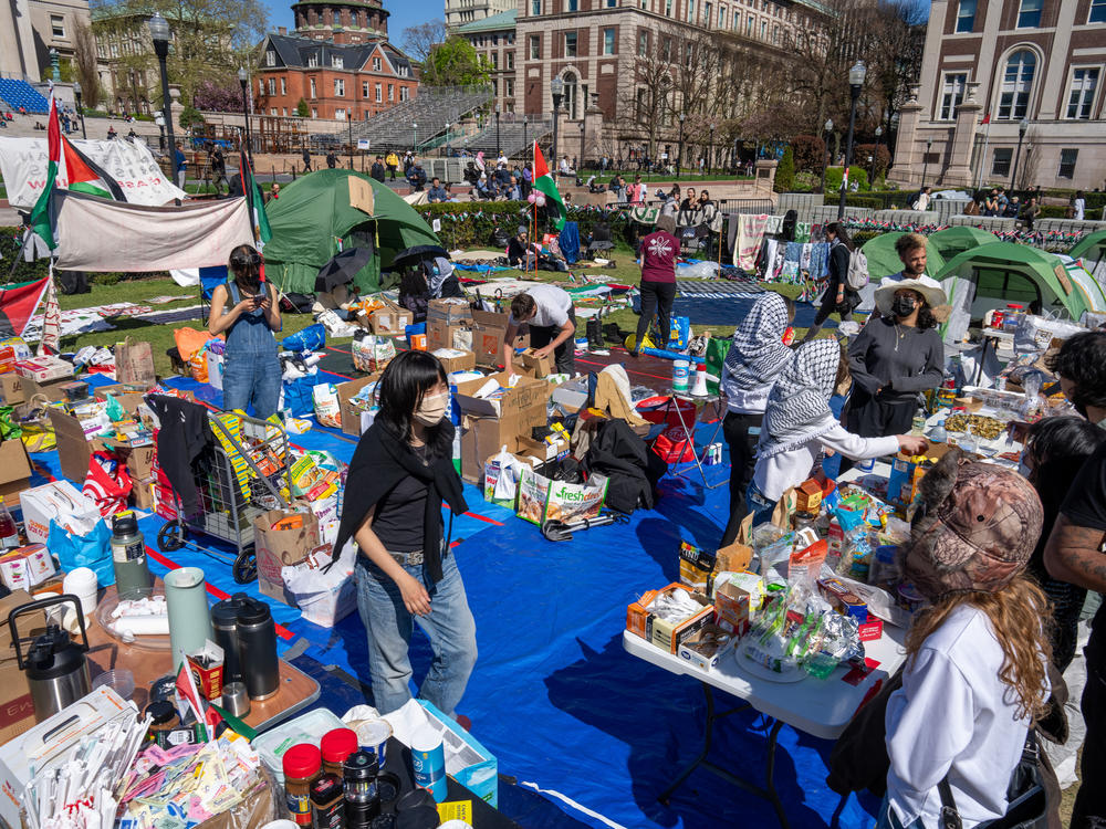 Protestors occupy an encampment on the grounds of Columbia University in New York City on Monday.