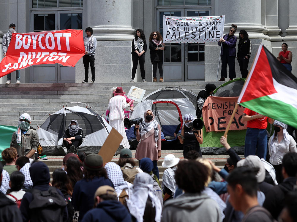 Pro-Palestinian students protest at a tent encampment in front of Sproul Hall on the UC Berkeley campus on Monday.