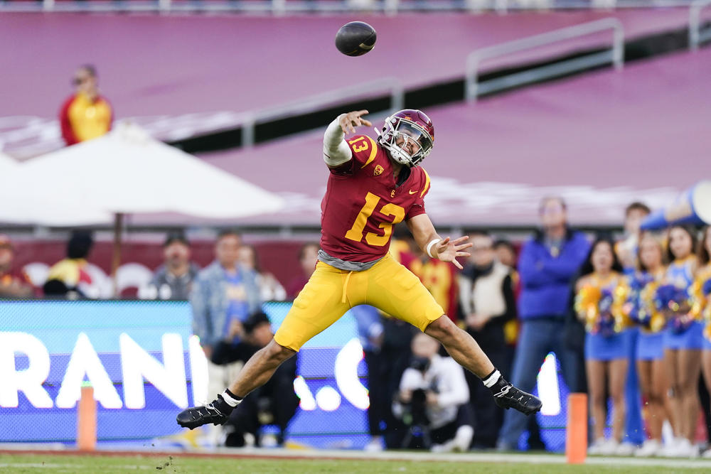Southern California quarterback Caleb Williams throws a pass during the second half of the team's college football game against UCLA on Nov. 18, 2023, in Los Angeles.