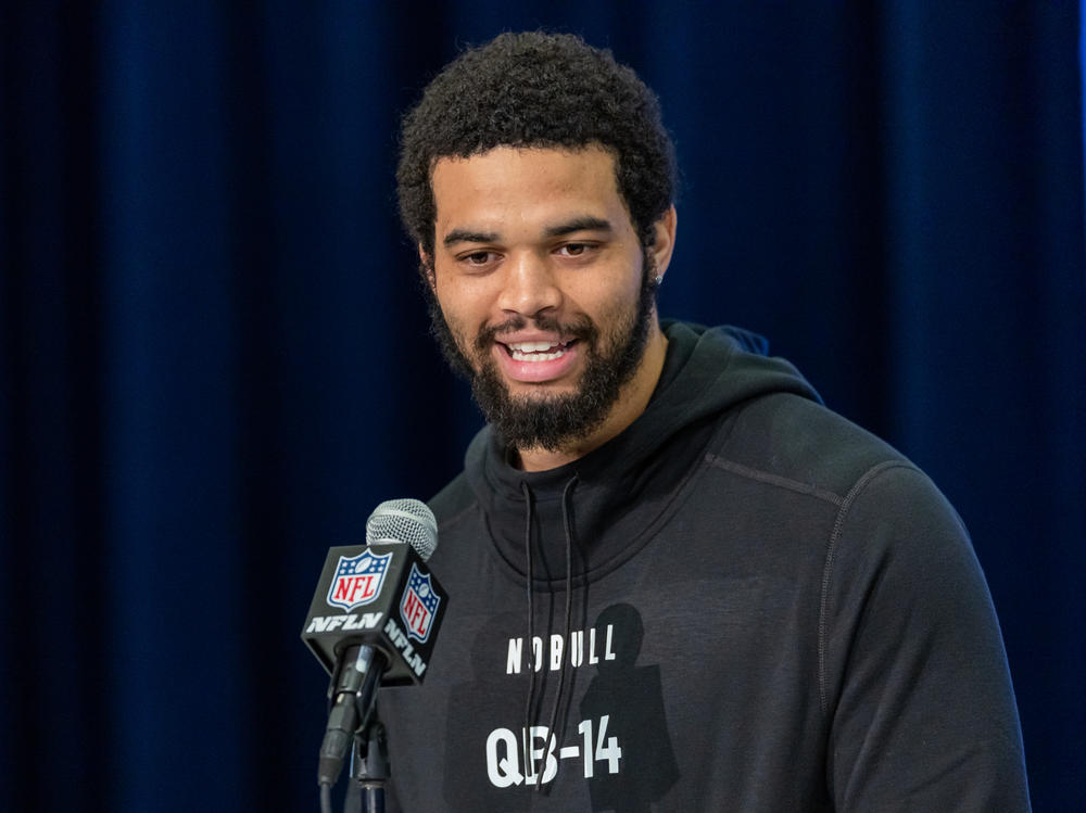 Caleb Williams of the USC Trojans speaks to the media during the 2024 NFL Draft Combine on March 01, 2024 in Indianapolis.