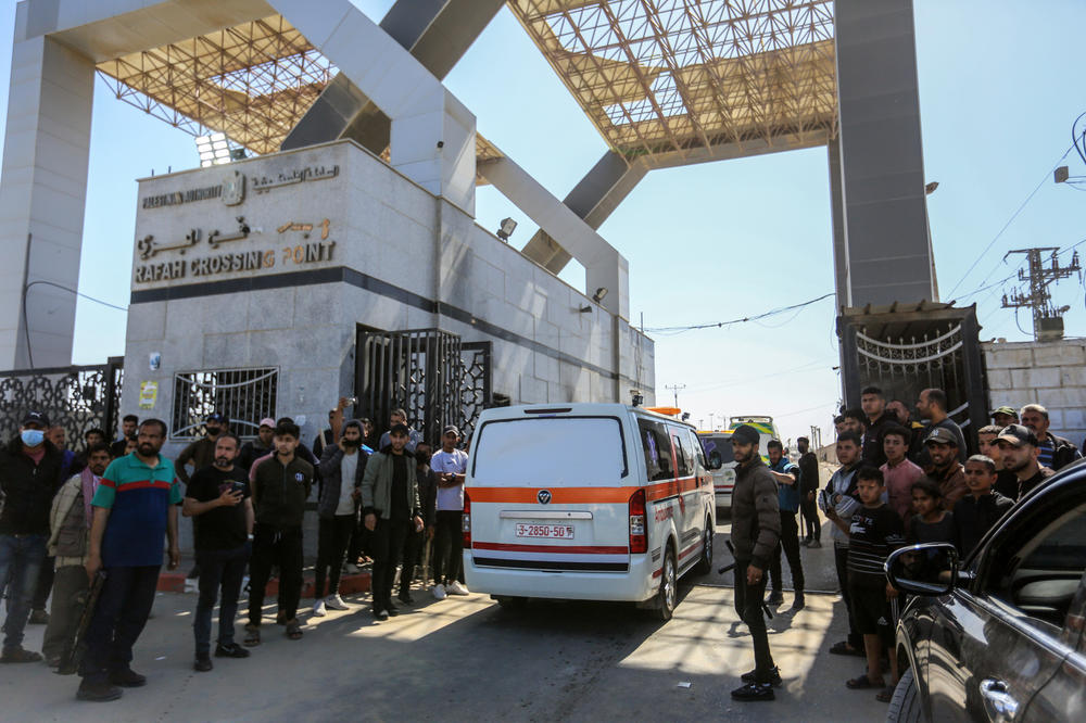 Bodies of employees of the aid organization World Central Kitchen who were killed in an Israeli attack on April 1 are taken from Al-Najjar hospital and sent by ambulances to Egypt through the Rafah border crossing in the Gaza Strip on April 3.