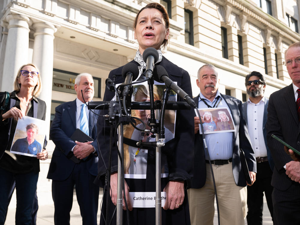 Catherine Berthet of France, whose daughter Camille was killed in the 2019 crash of Ethiopian Airlines Flight 302, speaks Wednesday alongside other family members of victims after meeting with Justice Department officials.