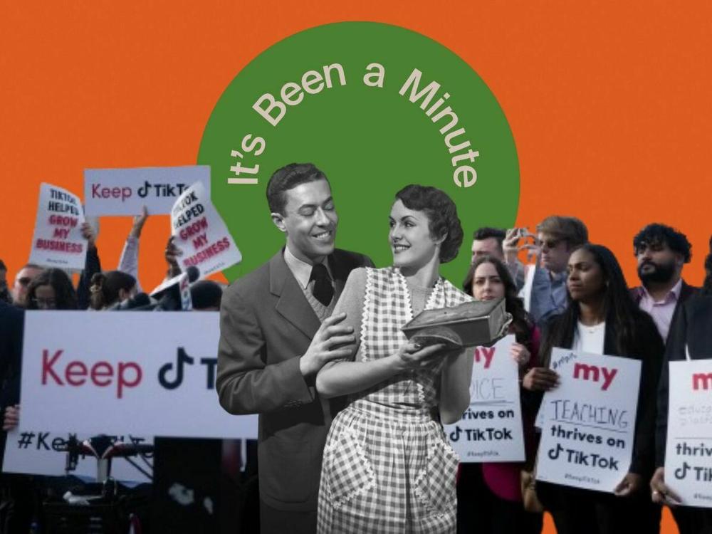 People gather for a press conference about their opposition to a TikTok ban. A couple looking at a cake.