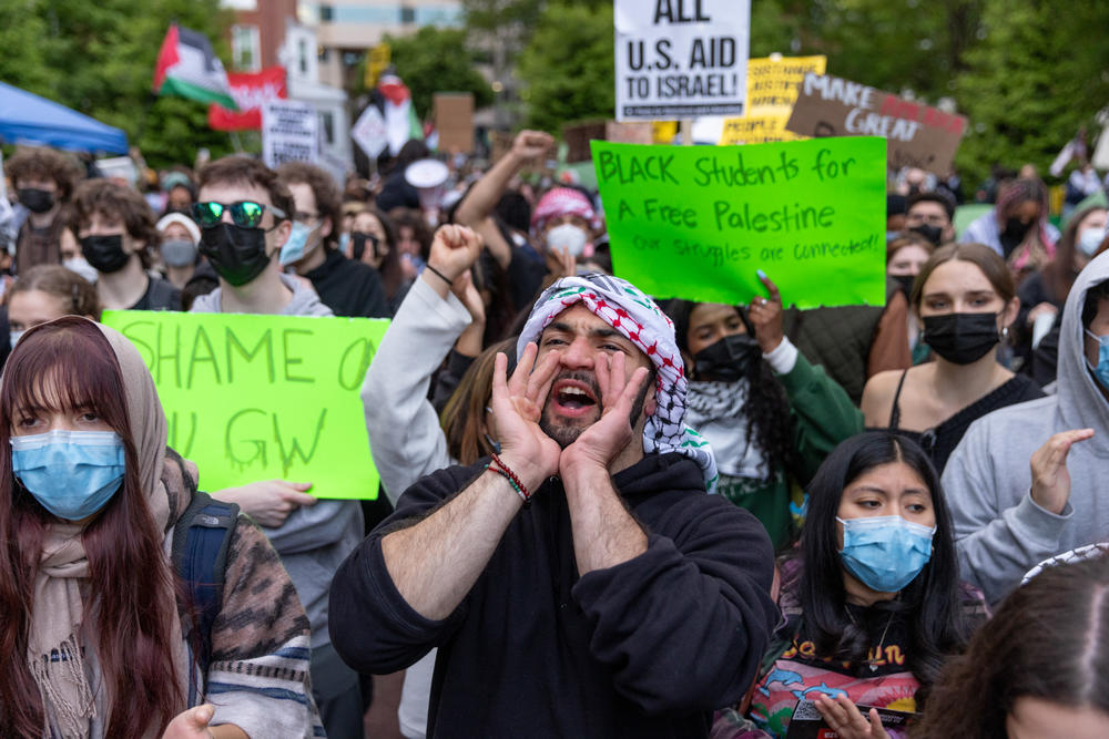 Pro-Palestinian demonstrators occupy the University Yard of The George Washington University in downtown Washington, D.C. on Thursday.