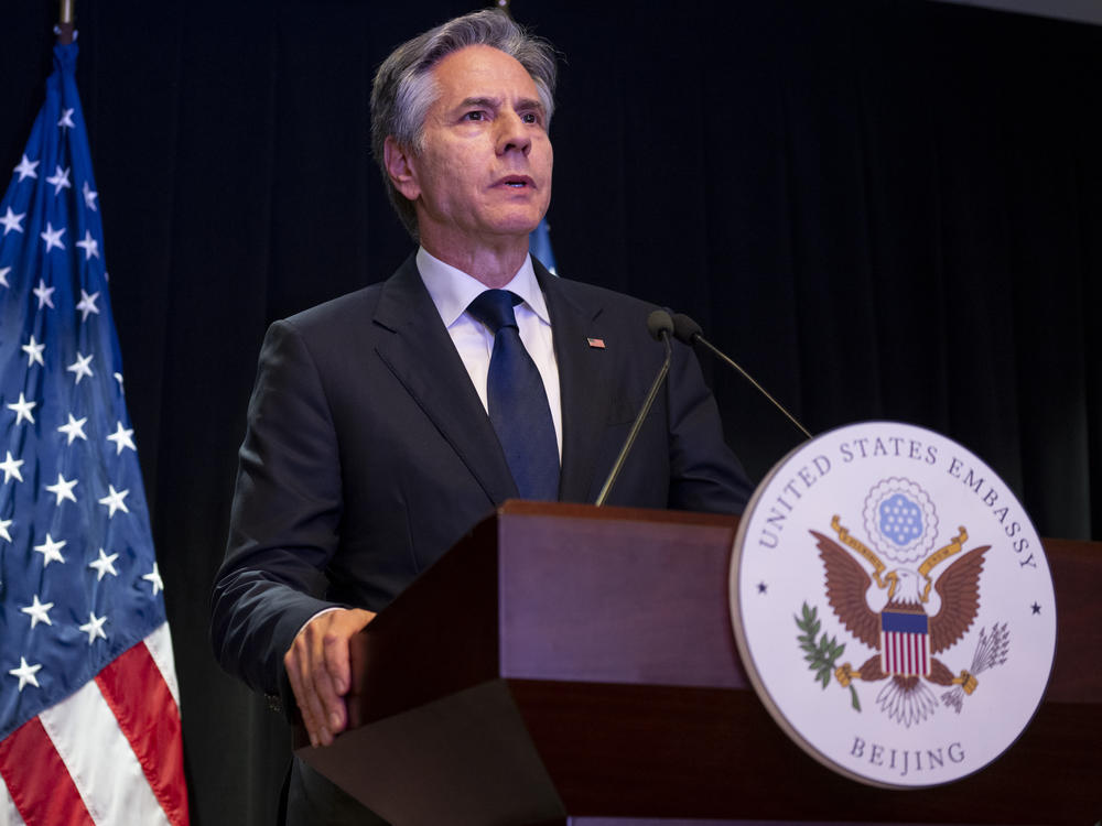 U.S. Secretary of State Antony Blinken speaks at a press conference at the U.S. Embassy in Beijing on Friday.
