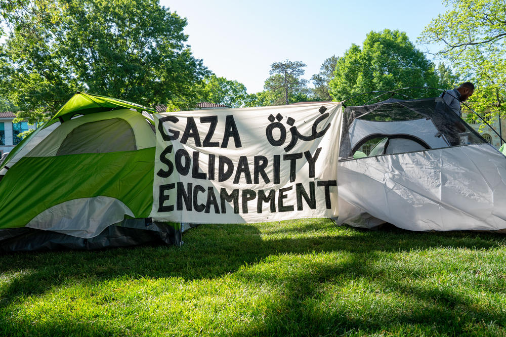 An encampment set up by pro-Palestinian and 'Cop City' protesters on Emory University's campus on Thursday, April 25, 2024.