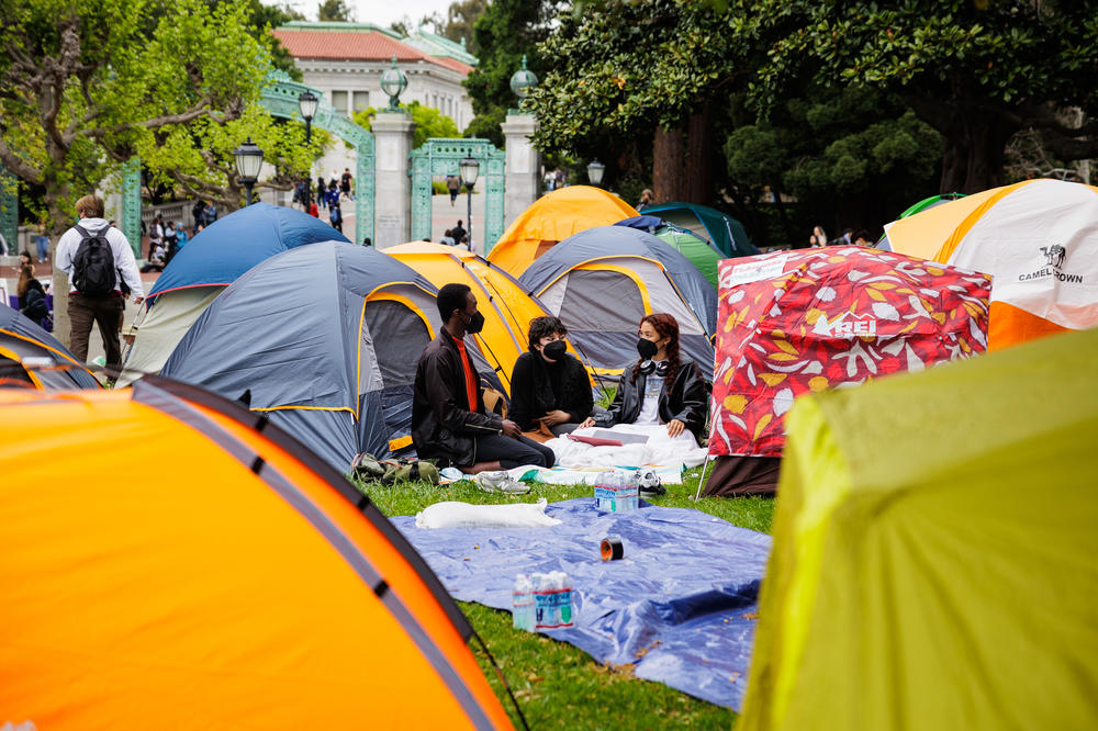 UC Berkeley students gather at the UC Berkeley Gaza Solidarity Encampment in front of Sproul Hall on Apr. 23, 2024.