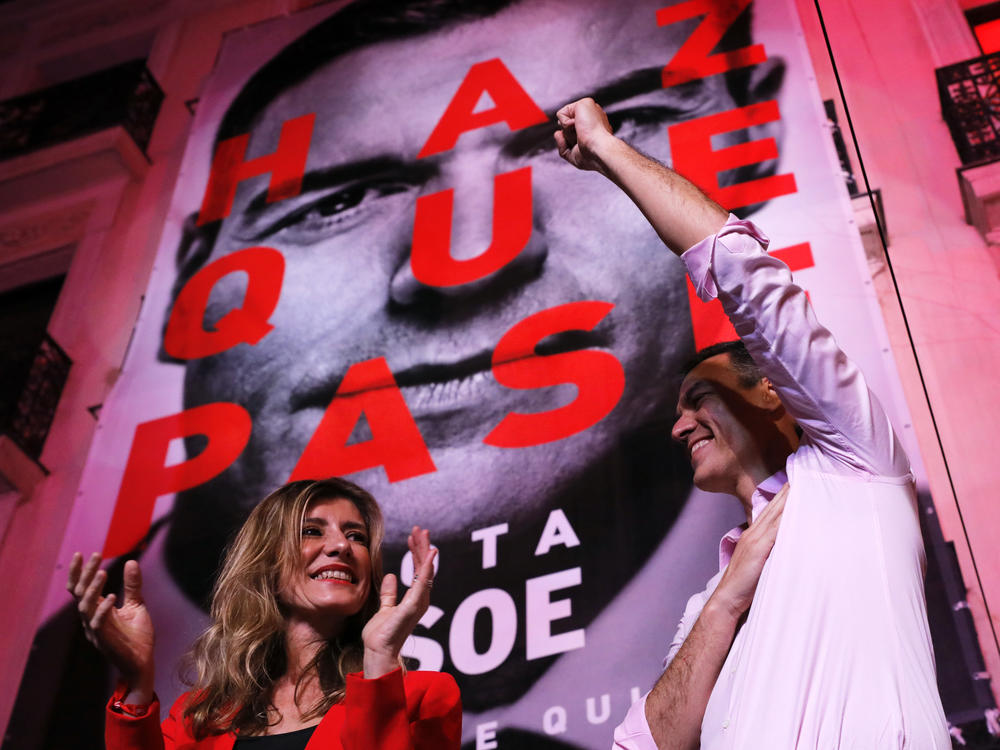 Spain's Prime Minister and Socialist Party leader Pedro Sanchez and and his wife Begona Gomez, left, celebrate general election results in Madrid, Spain, April 28, 2019.