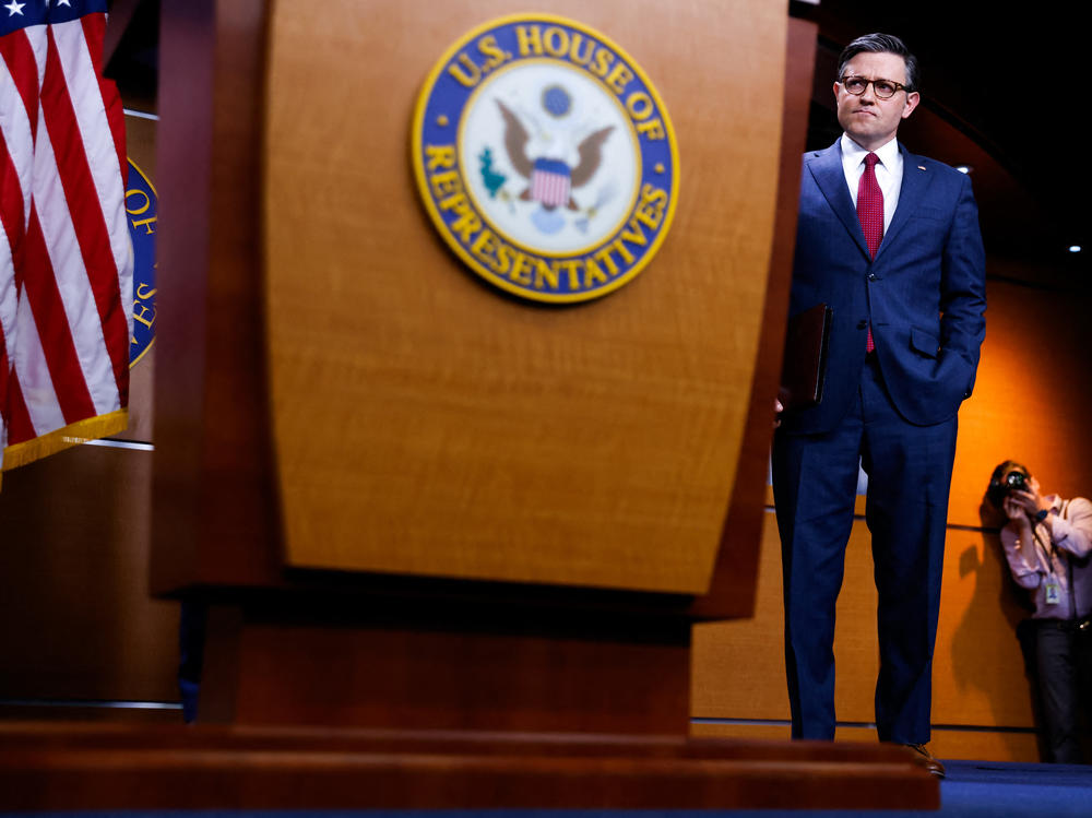 Speaker of the House Mike Johnson attends a news conference at the U.S. Capitol earlier this month.