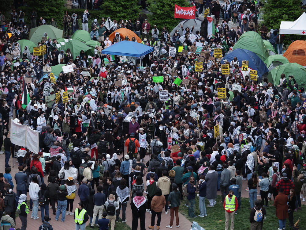 Activists and students participate in an encampment protest at the University Yard at George Washington University on Thursday.