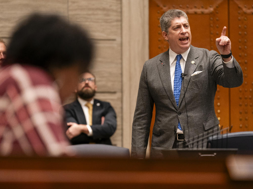 Missouri state Senator Bill Eigel, a Republican, gestures as he debates with Republican Missouri Senate Floor Leader Cindy O'Laughlin, not pictured, during session on Thursday, Jan. 25, 2024, in Jefferson City.
