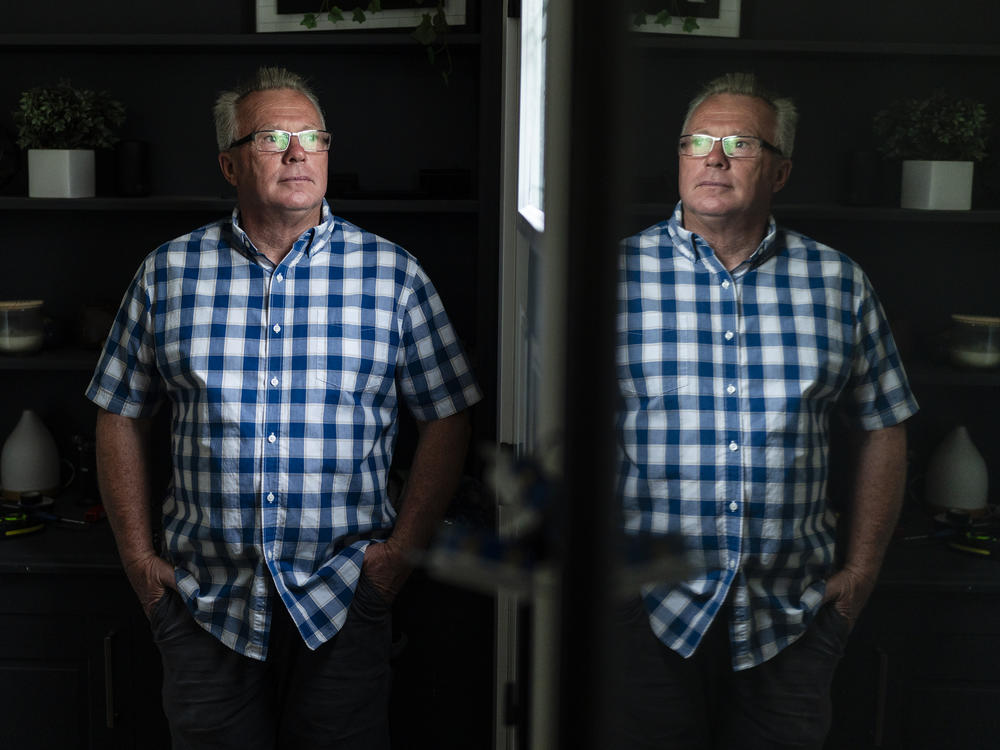 Bryan Pyle poses for a portrait in his home on Thursday, April 25, 2024, in Kirkwood, Mo. Pyle is conservative in his political views, but is against a ban on abortion.