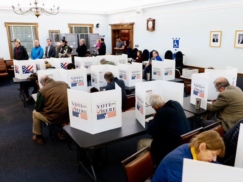 Voters take to the polls in the early hours of the morning on Tuesday, Nov. 8, 2022, during the 2022 Midterm Elections at Ladue City Hall in Ladue, Mo.