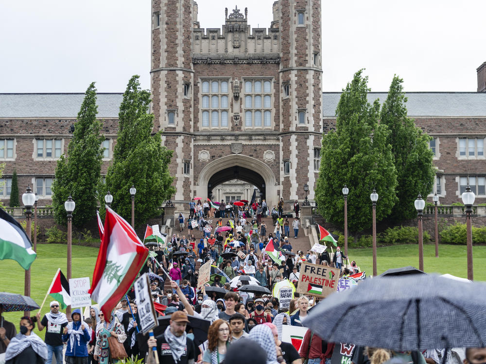 Pro-Palestinian demonstrators march through Brookings Hall on Saturday, April 27, 2024 at Washington University.