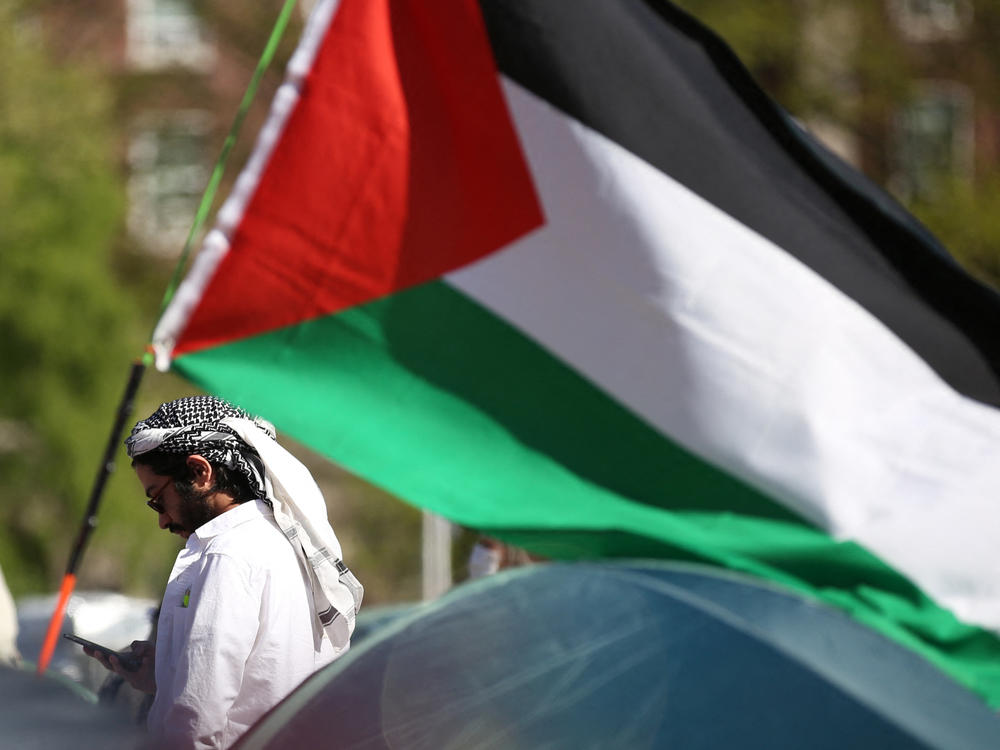 A pro-Palestinian protester stands among tents and a Palestinian flag at an encampment at Columbia University campus in New York earlier this month.