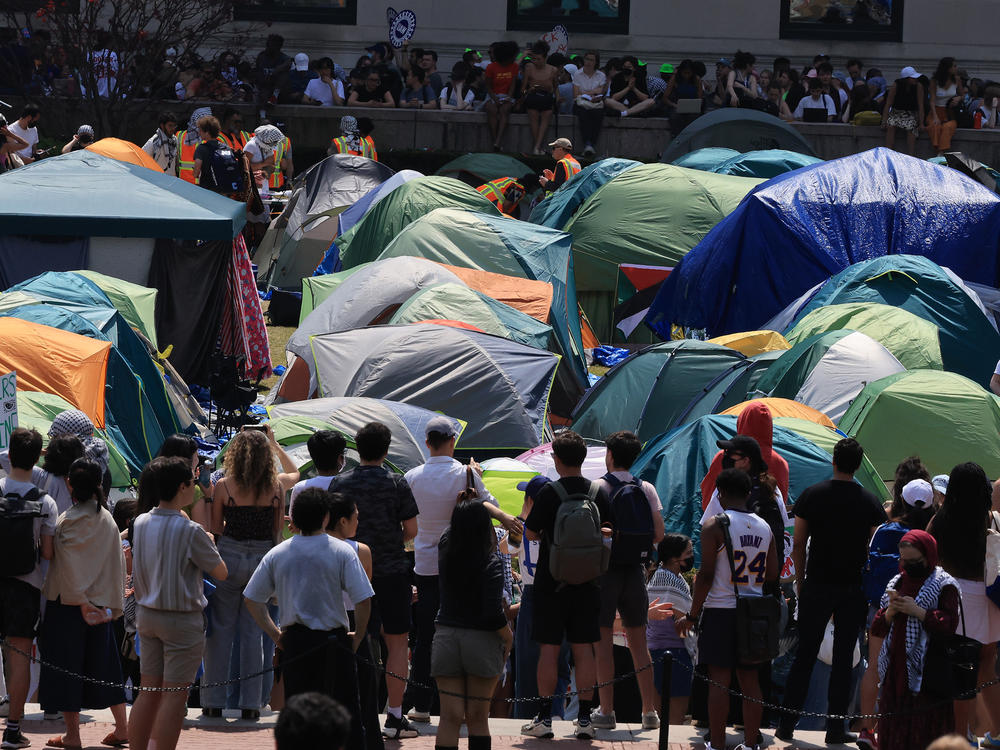 Dozens of tents are seen on a lawn inside the Columbia University Campus after students refused to take down the encampment by the 2 p.m. EDT deadline given to students protesting by Columbia President Minouche Shafik.