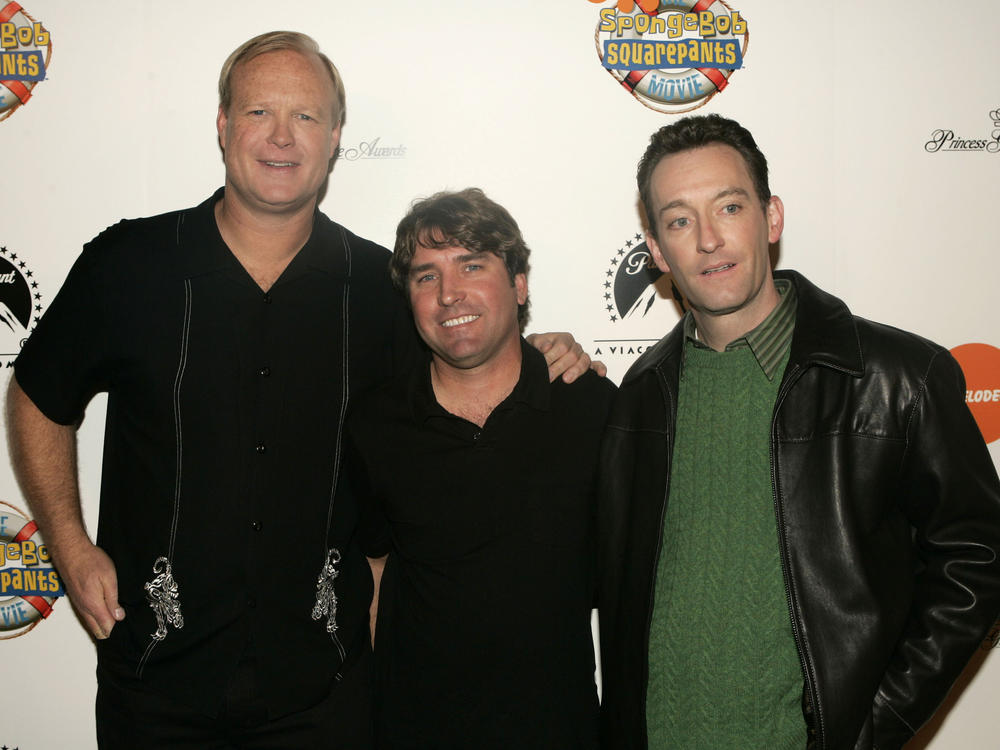 From left, actor Bill Fagerbakke, <em>SpongeBob SquarePants</em> creator Stephen Hillenburg and actor Tom Kenny attend the premiere of <em>The SpongeBob SquarePants Movie</em> on Nov. 17, 2004, in New York City.
