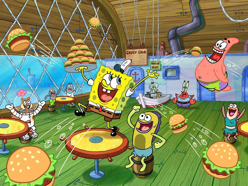 In promotional art from Nickelodeon, SpongeBob (center) serves 