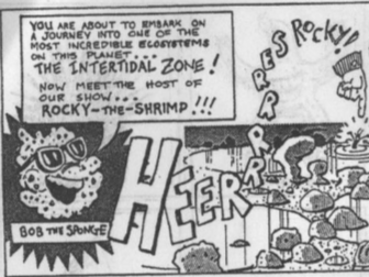 Bob the Sponge, left, in Stephen Hillenburg's original <em>The Intertidal Zone</em> comic book, circa 1989.