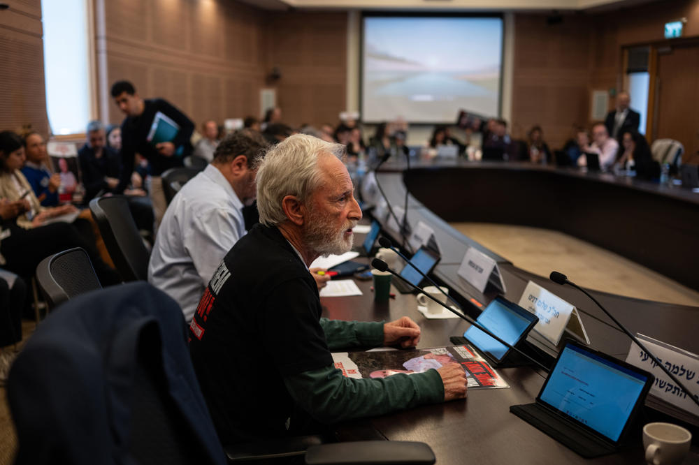 Lee Siegel, 72, whose brother Keith is being held hostage in Gaza, addresses lawmakers in a committee meeting at the Knesset, Israel's parliament, in Jerusalem, on March 26.