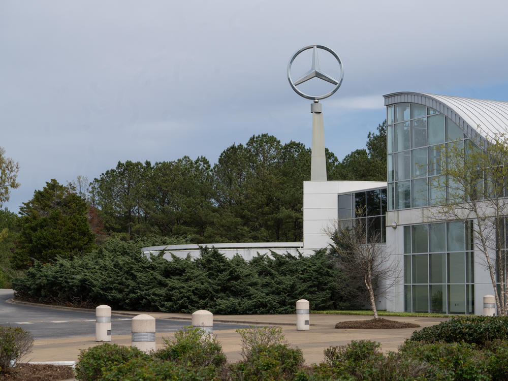 The Mercedes-Benz visitor center sits adjacent to the plant where more than 5,000 workers can cast ballots on whether to join the UAW starting May 13.