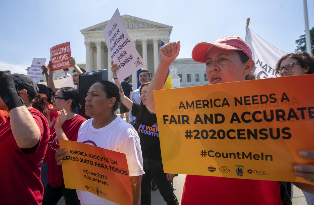 Demonstrators against the Trump administration's push to add a citizenship question to 2020 census forms gather in 2019 outside the Supreme Court, where a majority of justices ultimately blocked the effort.