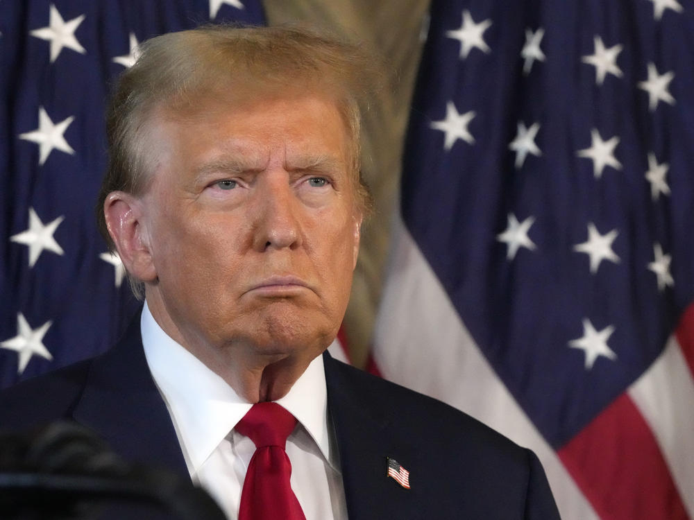 Republican presidential candidate and former President Donald Trump attends a news conference with Speaker of the House Mike Johnson, R-La., on April 12, at Mar-a-Lago in Palm Beach, Fla.