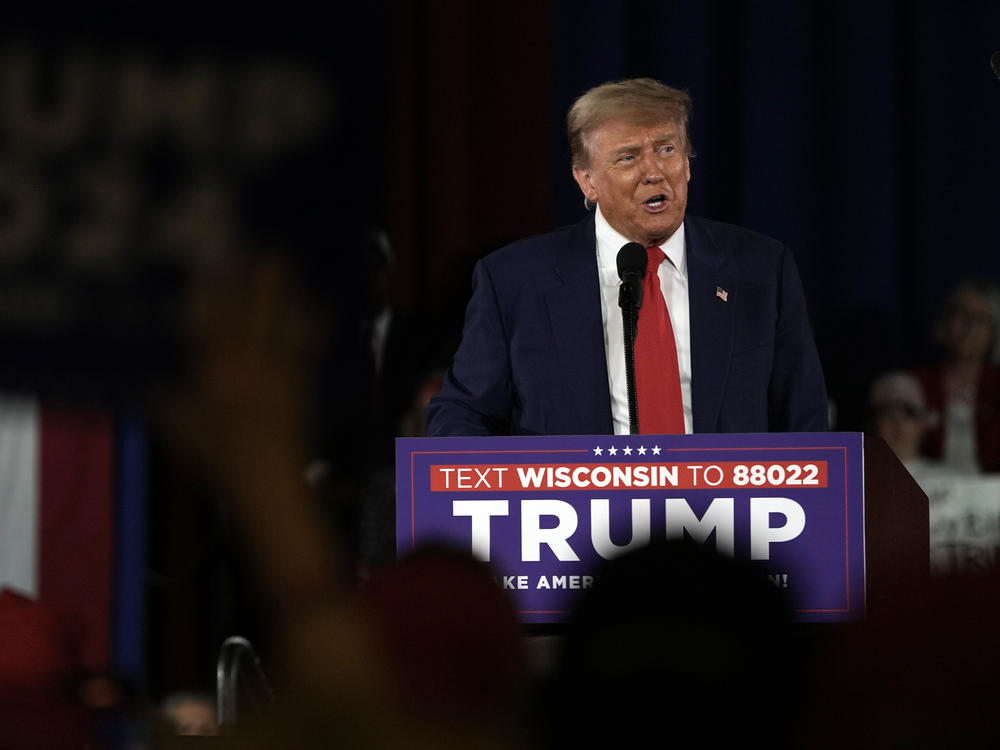 Republican presidential candidate and former President Donald Trump speaks at a campaign rally on Wednesday in Waukesha, Wis. The Wisconsin campaign stop is his first official rally since the start of his trial in New York over campaign finance violations related to payments made to adult film actress Stormy Daniels.