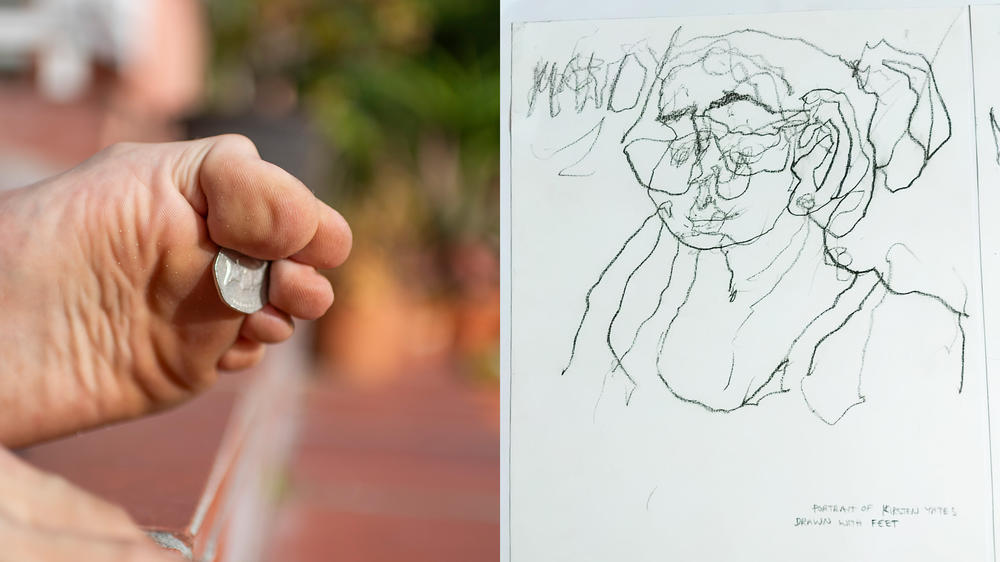 Siblings Tommy and Emma Trenchard have dextrous toes. At left, Tommy's toes go for the money. At right, a sketch by Emma, who is an artist, which she made with her toes.