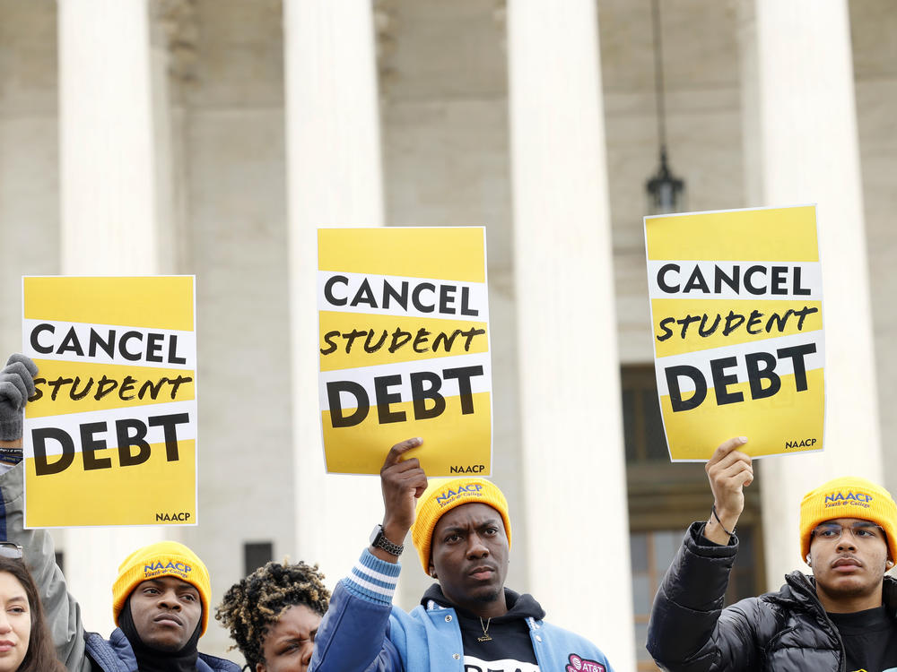Student loan borrowers and advocates gather for the People's Rally To Cancel Student Debt During The Supreme Court Hearings On Student Debt Relief on February 28, 2023 in Washington, DC.