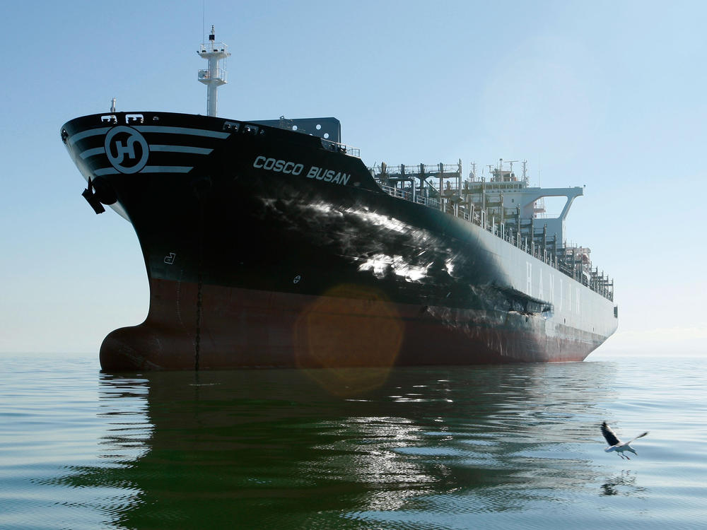 A 90-foot gash is seen on the side of the freighter ship Cosco Busan as it sits anchored in the San Francisco Bay on Nov. 13, 2007, in San Francisco.