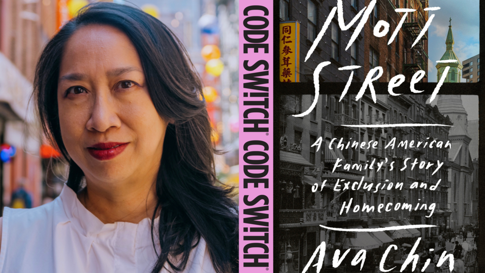 Author Ava Chin poses next to the cover of her recent book, <em>Mott Street: A Chinese American Family's Story of Exclusion and Homecoming</em>