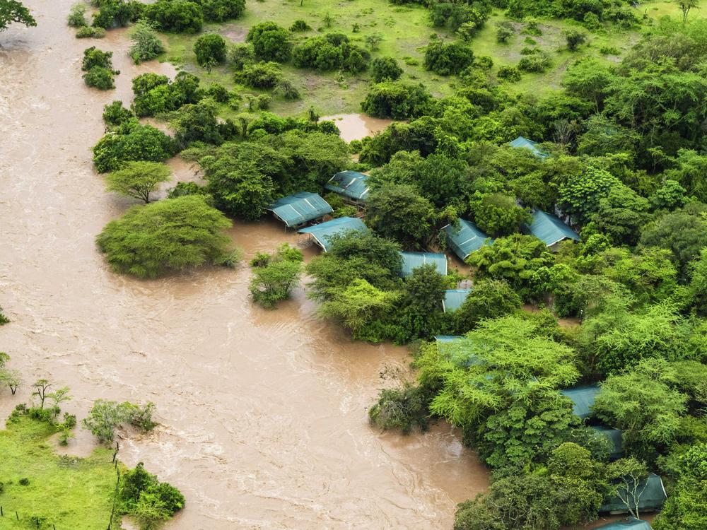 A lodge is seen in the flooded Maasai Mara National Reserve, which left dozens of tourists stranded in Narok County, Kenya, Wednesday. Kenya, along with other parts of East Africa, has been overwhelmed by flooding.