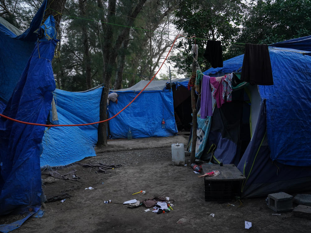 Abandoned tents remain at the migrant camp in Matamoros, Mexico, that is at the center of a controversy involving viral images of a flyer encouraging migrants to vote for President Biden.