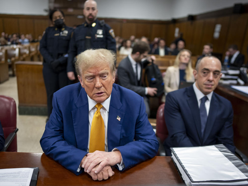 Former President Donald Trump attends his trial in Manhattan criminal court on May 2. The judge in the case heard arguments related to the prosecution's request to fine Trump for violating a gag order in the case.