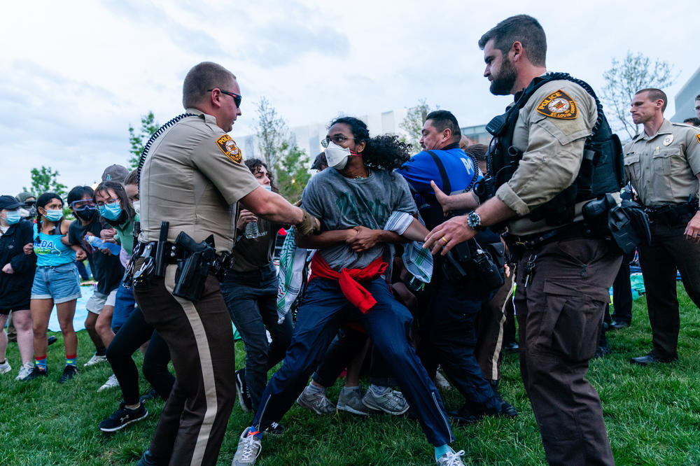 Police forces arrest a pro-Palestinian demonstrator during a rally on Saturday, April 27, 2024 at Washington University. Protestors marched through campus and set up an encampment in response to the university's ties to Boeing, the supplier of many weapons to Israel used in the Gaza war.