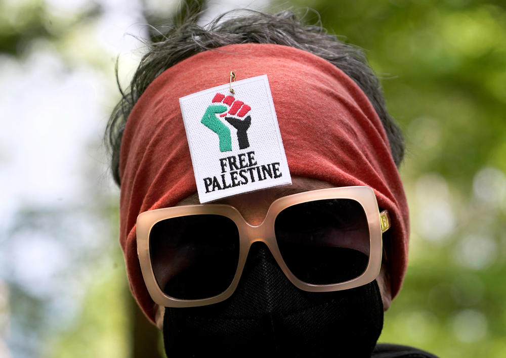 An attendee at a pro-Palestinian protest on Portland State University's campus on April 29, in Portland, Ore.