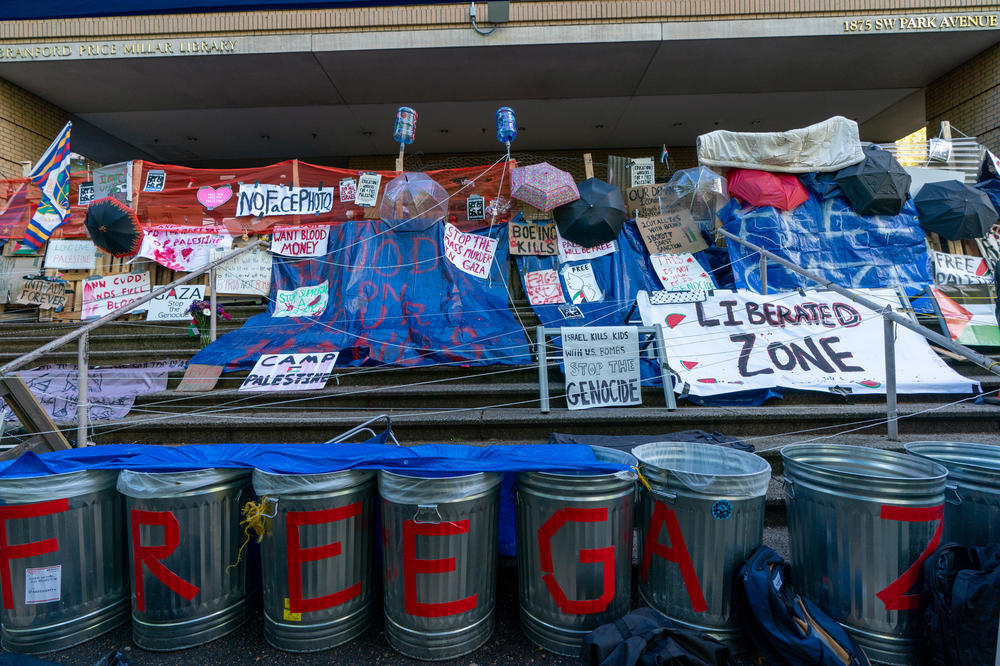 Barricades at the Branford Price Millar Library at Portland State University on April 29. Hundreds of people attend a pro-Palestinian protest on Portland State University's campus on Monday.