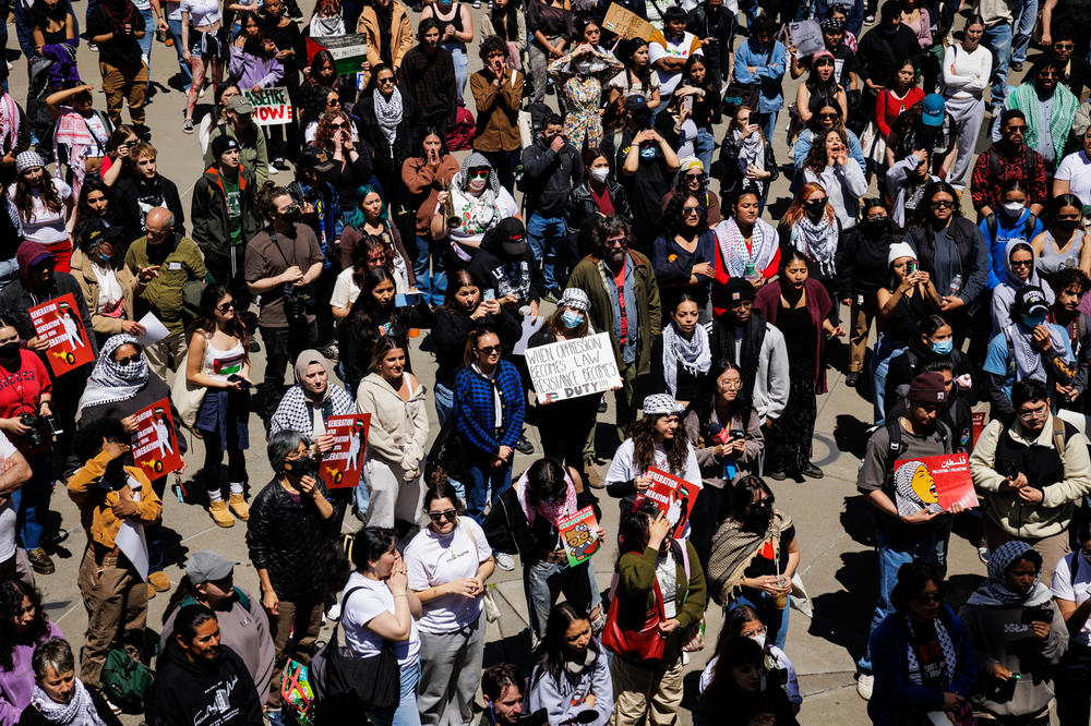 San Francisco State University students rally outside the Cesar Chavez Student Center at SFSU  on April 30.