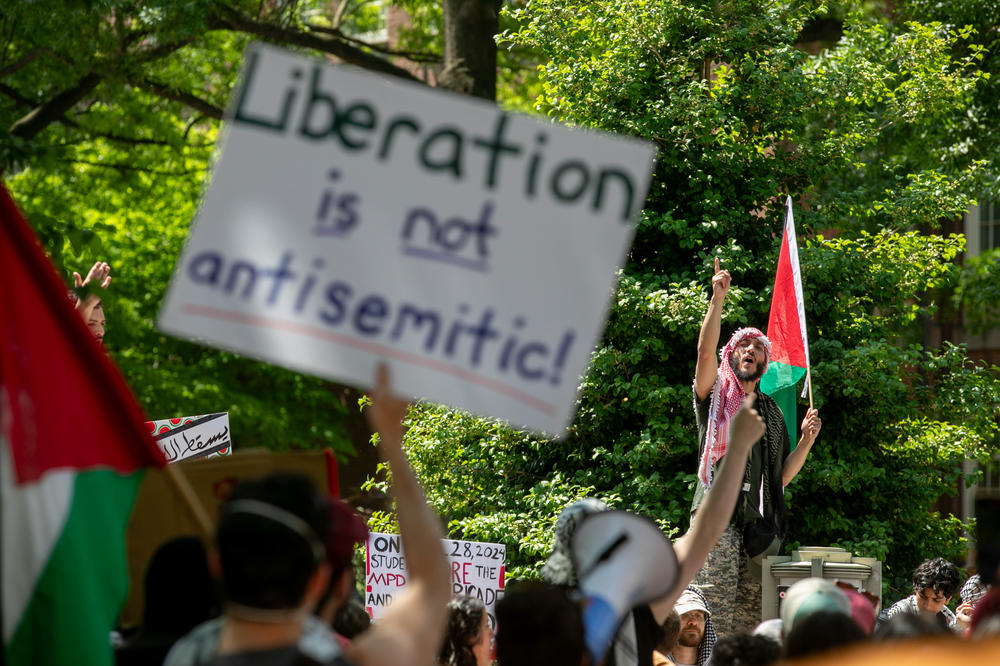 Pro-Palestine protesters gather at George Washington University on May 2.