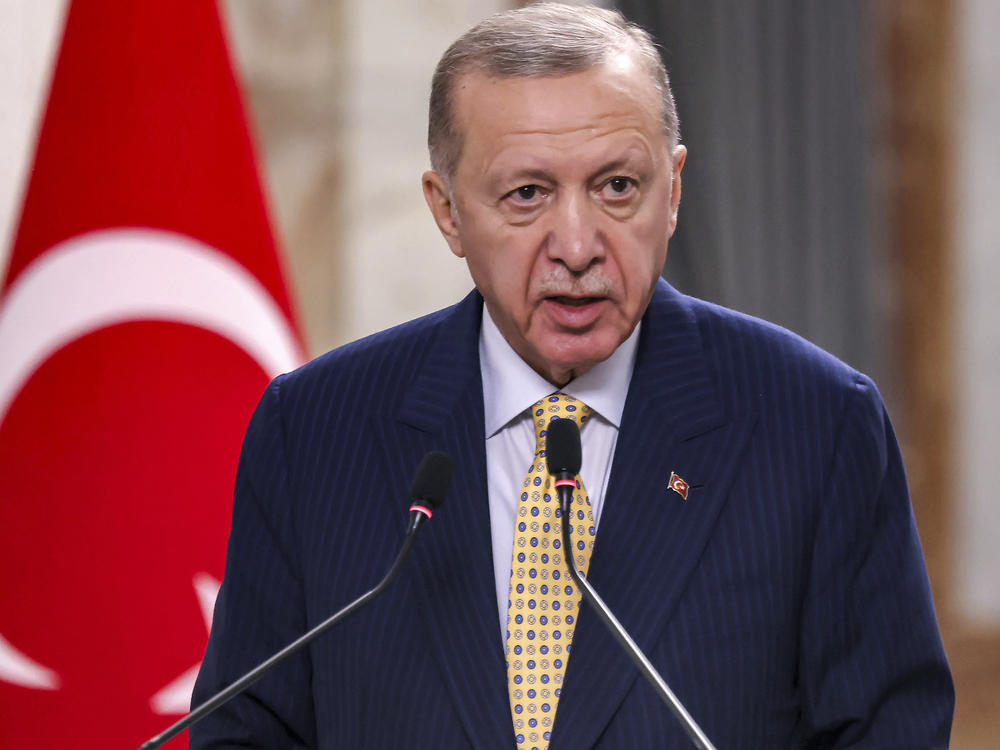 Turkish President Recep Tayyip Erdogan is shown speaking during a joint statement to the media in Baghdad, on April 22, 2024.