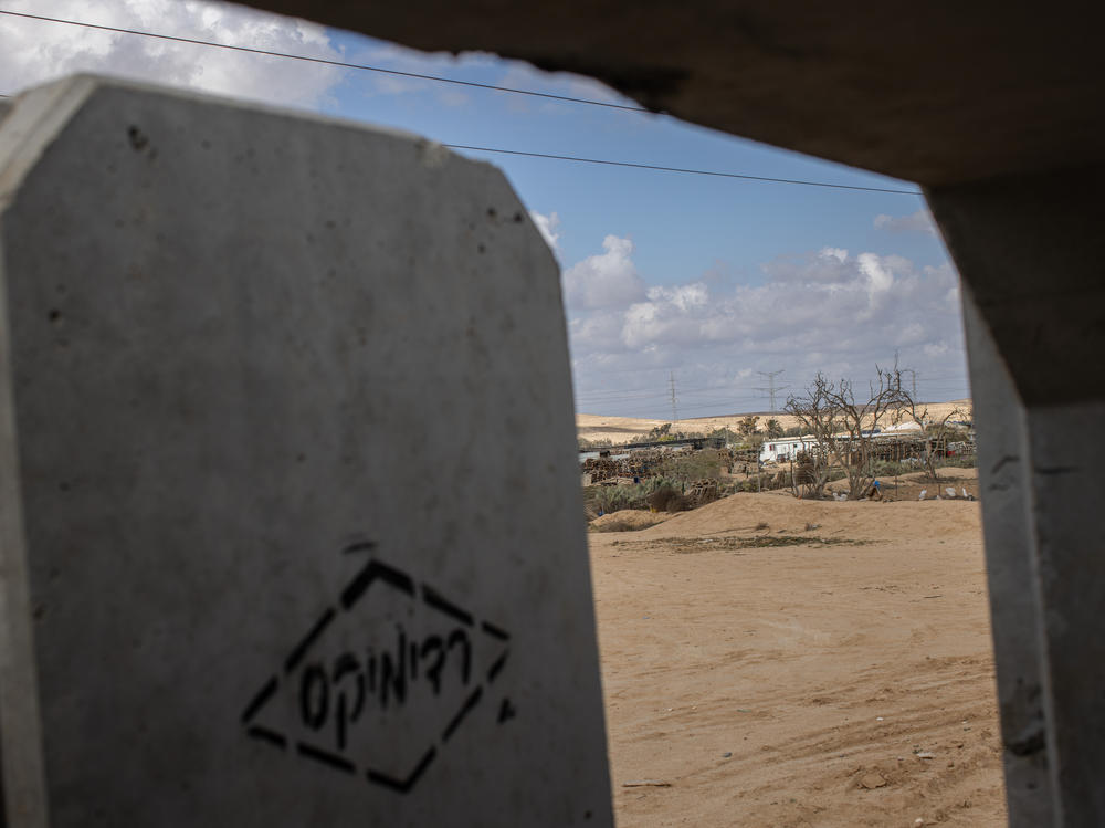 A concrete shelter, which was installed after the Oct. 7 Hamas attacks, is seen in the unrecognized Bedouin village of Wadi al-Na'am in southern Israel.
