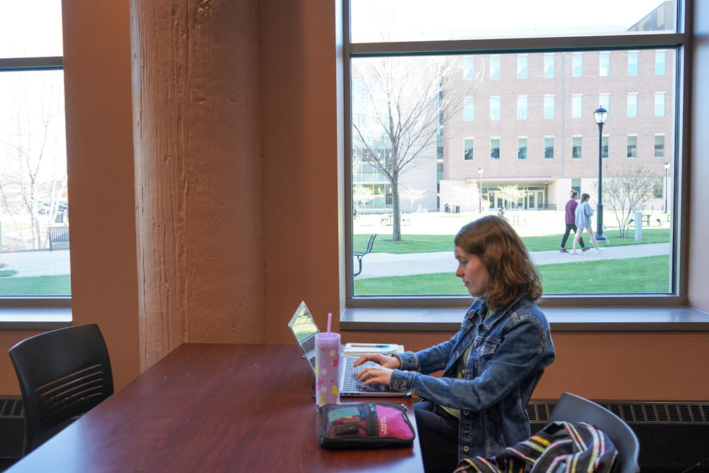 Danielle Hoffman, a senior at the University of Wisconsin La Crosse, studies for finals at the campus student union.