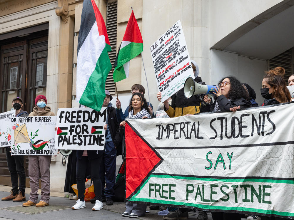 Pro-Palestinian students protest outside the Department for Education on March 22 in London. The students called for an immediate cease-fire in Gaza and for an end to links between U.K. universities and Israel.