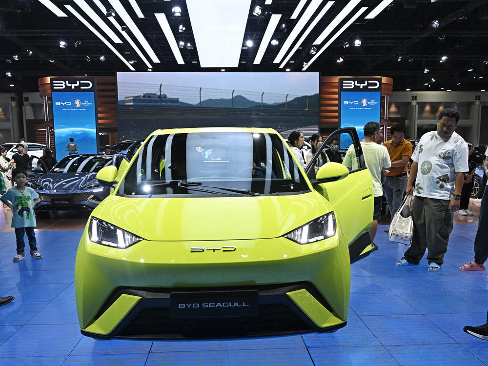 People look at a BYD Seagull at the Bangkok International Motor Show in Nonthaburi, Thailand, on March 27.