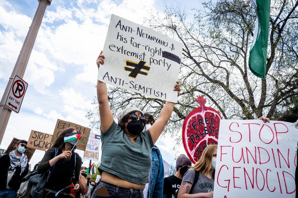 Hundreds of people protesting Israel's war against Hamas in Gaza marched across the Colorado State University Campus in Fort Collins, Colo., on April 29.