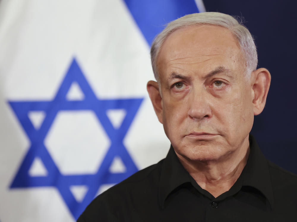 Israeli Prime Minister Benjamin Netanyahu attends a press conference in the Kirya military base in Tel Aviv, Israel on Oct. 28, 2023. Netanyahu's government has voted to shut down Israel-based offices of Al Jazeera.
