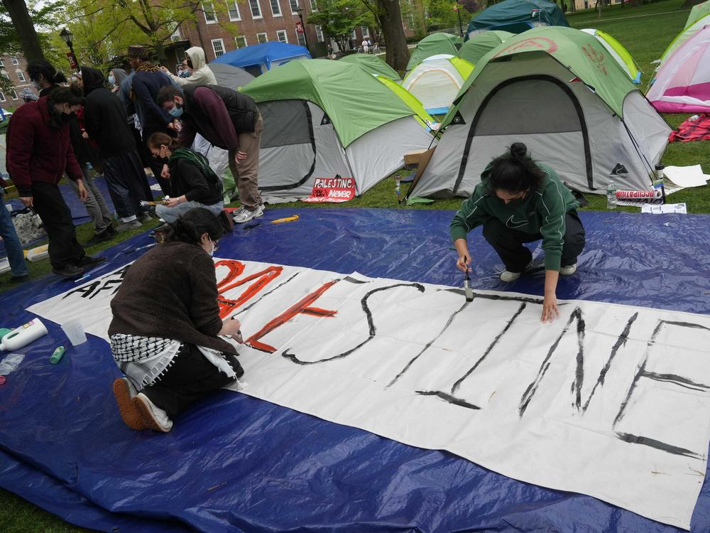 Rutgers University students occupy tents and hold rallies outside Murray Hall in New Brunswick, N.J., as part of their protest in support of Palestinians affected by the war in Gaza on April 30.