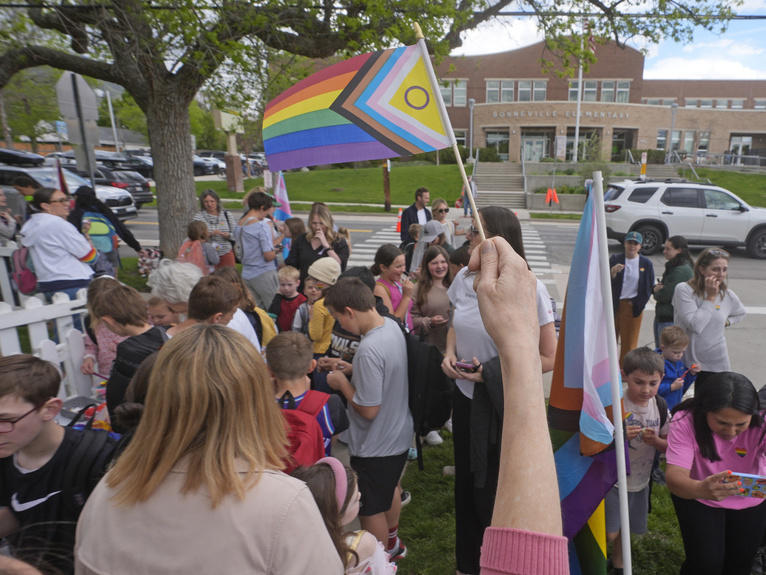 Bonneville Elementary School parents and students gather during a block party supporting trans and non binary students and staff Monday, April 29, 2024, in Salt Lake City.