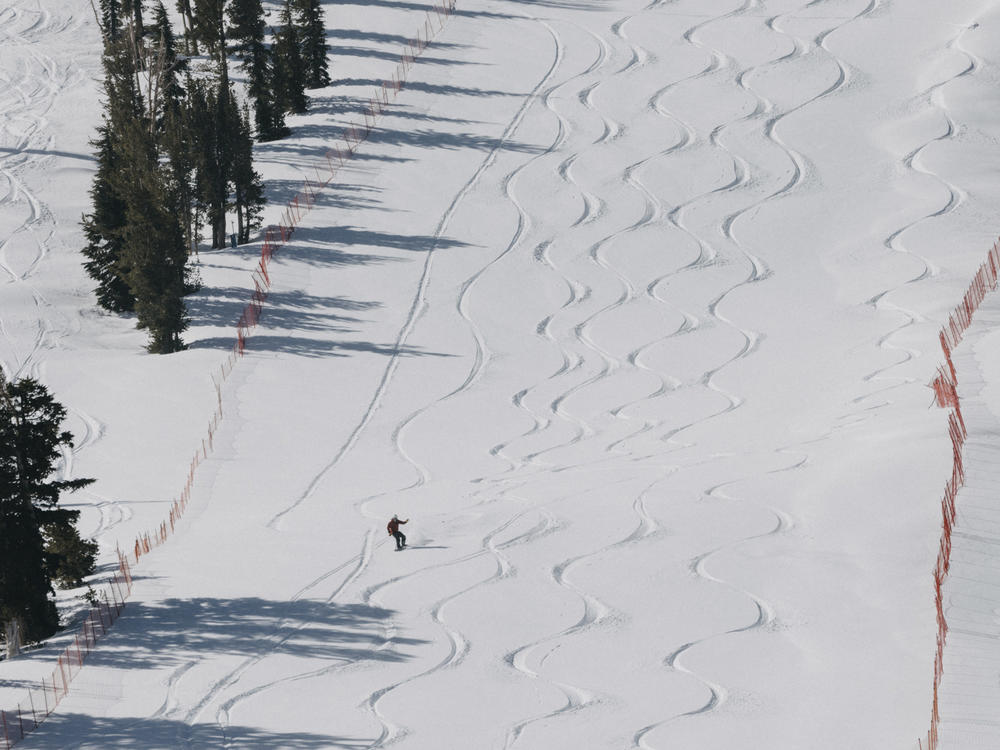 In this photo provided by Mammoth Mountain Ski Area, a snowboarder rides in Mammoth Lakes, Calif., Sunday, May 5, 2024.